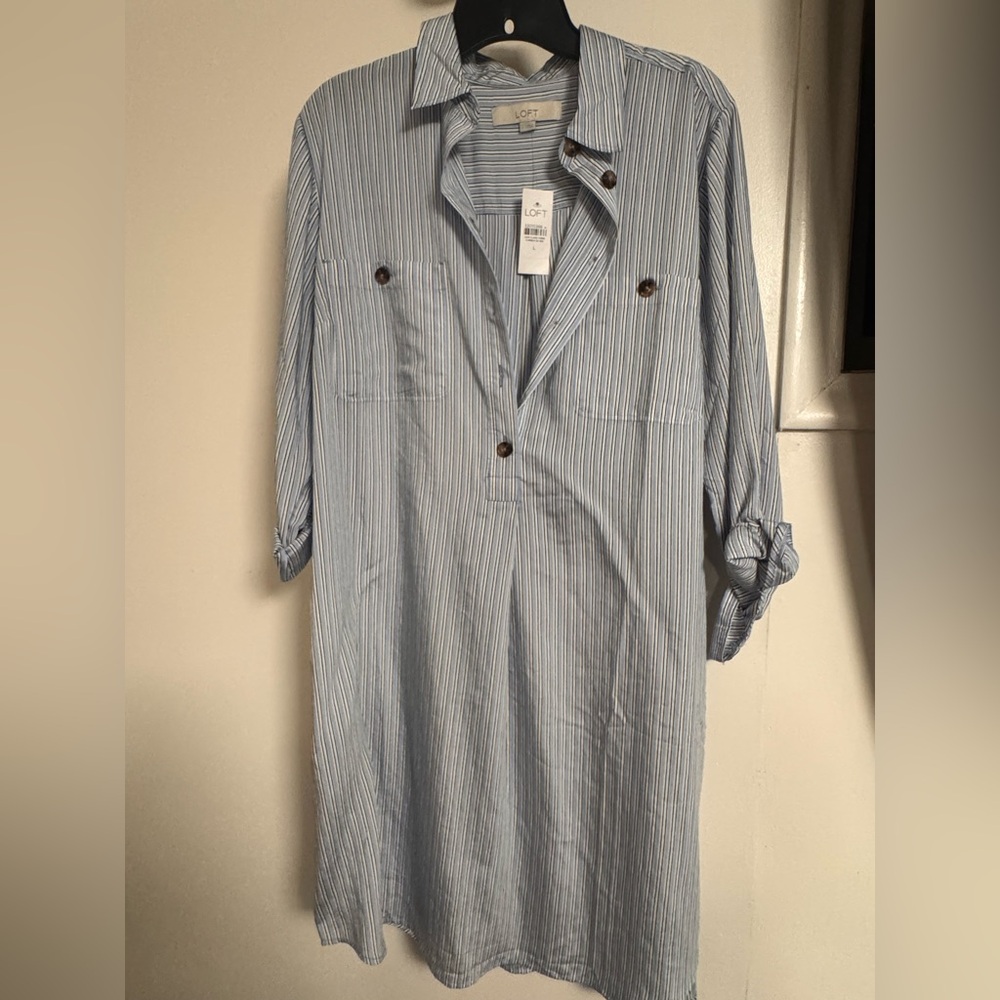 LOFT Light Blue and White Striped T-shirt Dress